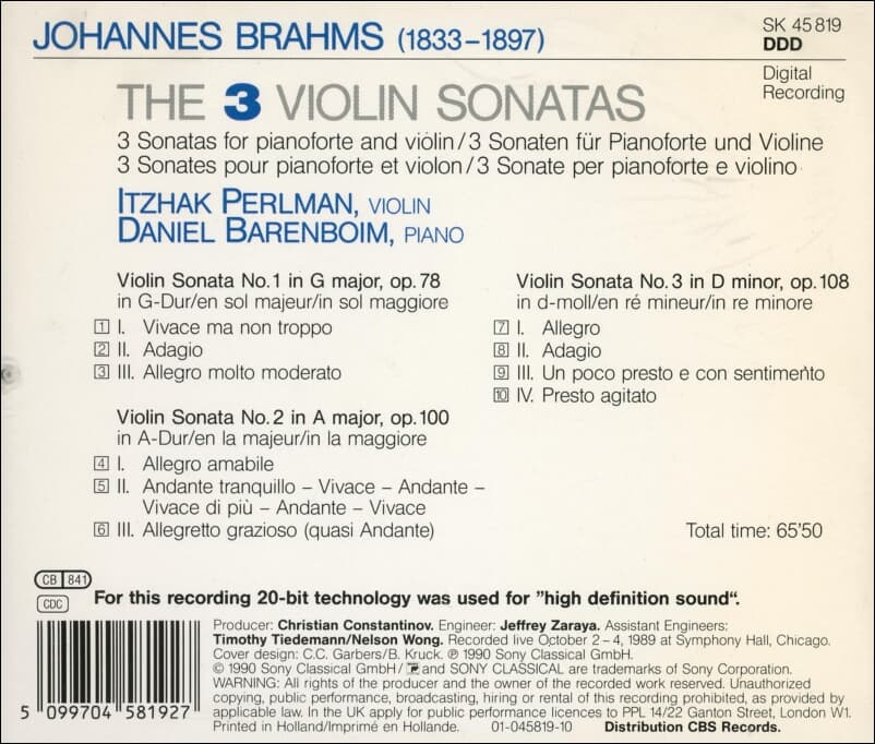 Brahms : The 3 Violin Sonatas - Itzhak Perlman (펄만) , Barenboim (바렌보임)(Holland발매)