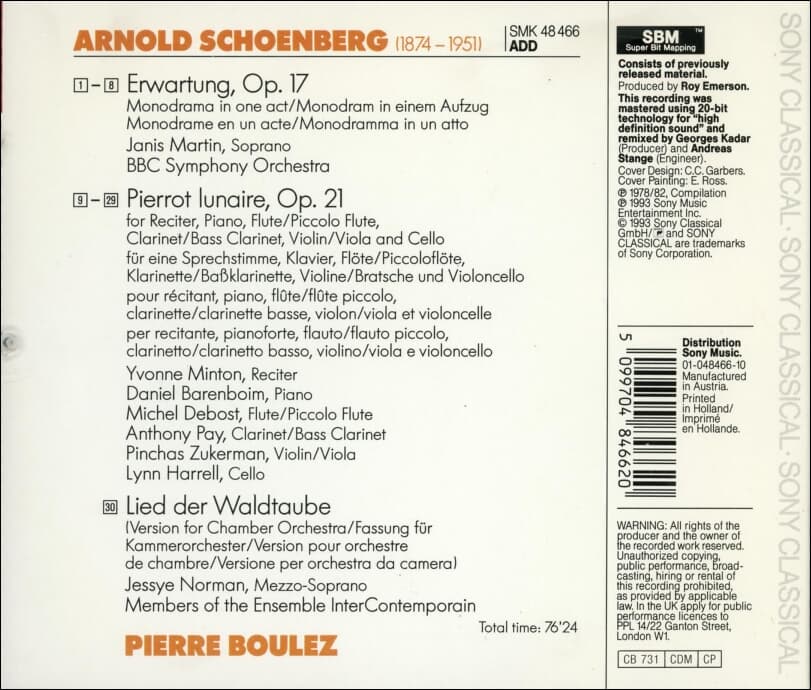 Schoenberg (쇤베르크) : Pierrot Lunaire / Lied Der Waldtaube  - 불레즈 (Pierre Boulez)(Holland발매)