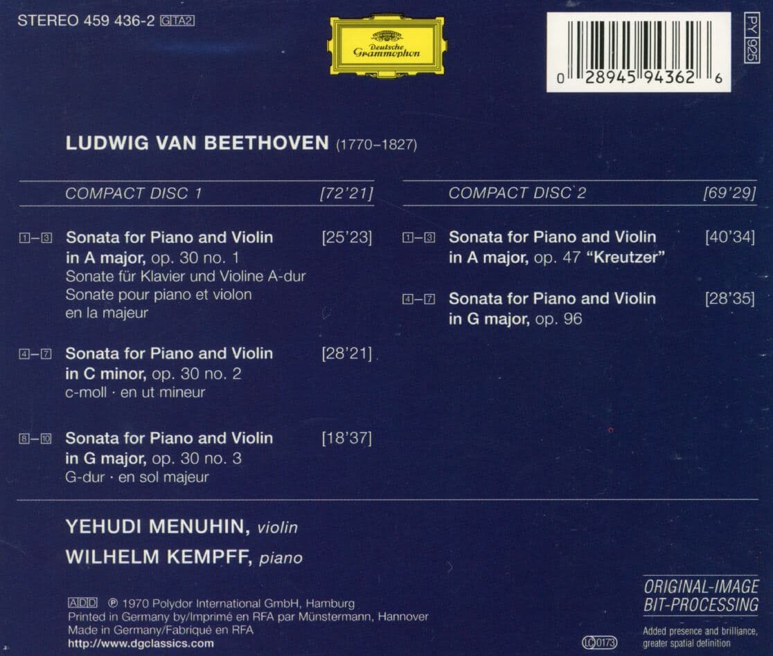 빌헬름 캠프,예후디 메뉴인 - Wilhelm Kempff,Yehudi Menuhin - The Complete Violin Sonatas Vol.II Opp.30,47 Kreutzer 2Cds [독일발매]