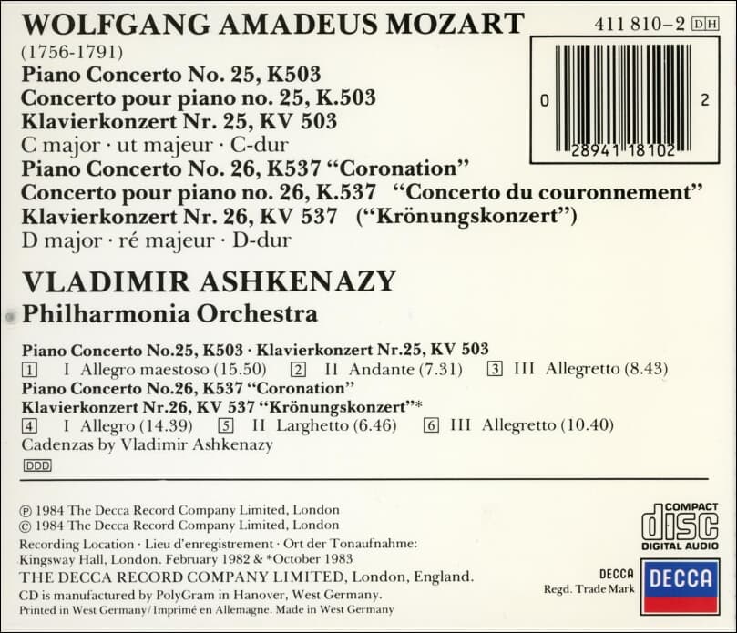 Mozart : Piano Concertos No.25, K503 & No.26, K537 -  아쉬케나지 (Vladimir Ashkenazy)(독일발매)