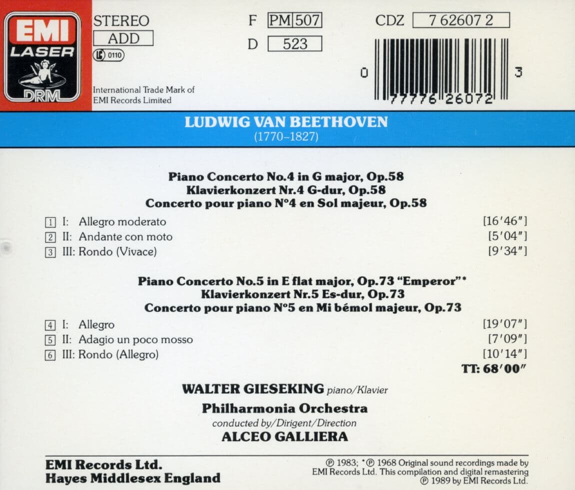 발터 기제킹 - Walter Gieseking - Beethoven Piano Concertos 4 & 5 [U.K발매]