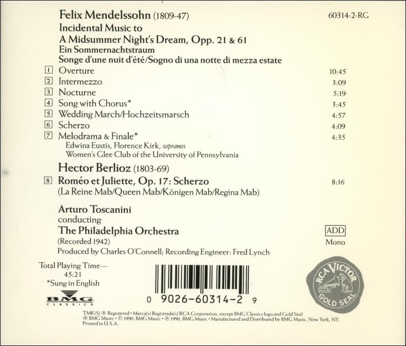 Mendelssohn : A Midsummer Night's , "Queen Mab" -  토스카니니 (Arturo Toscanini)  (US발매)