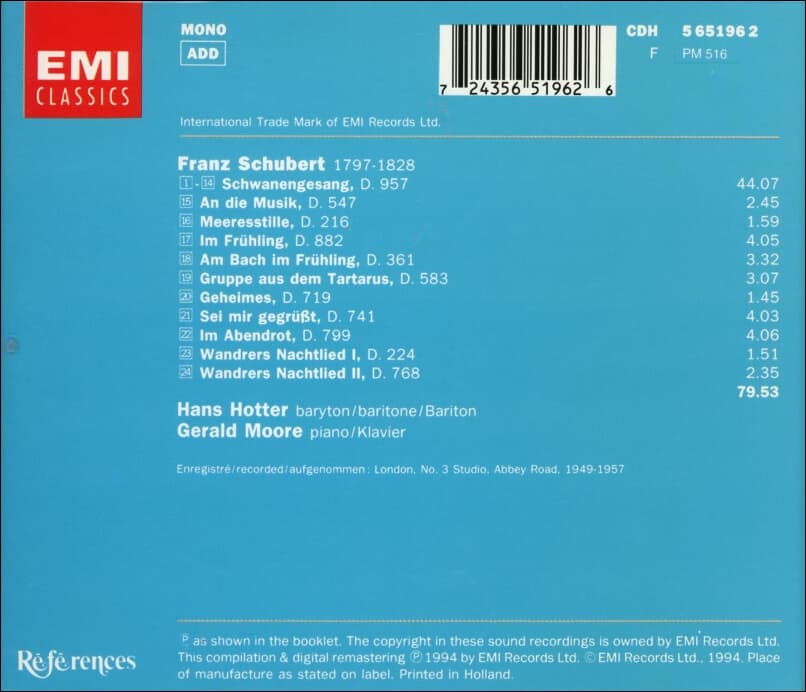 Schubert : Schwanengesang (백조의 노래 외 ) - 호터 (Hans Hotter),제럴드 무어 (Gerald Moore)  (Holland발매)