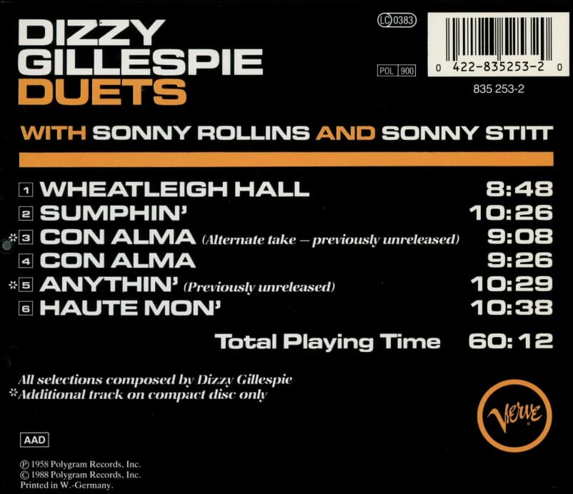 Dizzy Gillespie With Sonny Rollins And Sonny Stitt (디지 길레스피) - Duets (독일발매)