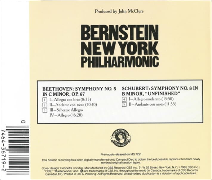Bernstein : Beethoven's 5th, Schubert's 8th "Unfinished"  '미완성'  Symphonies(US발매)