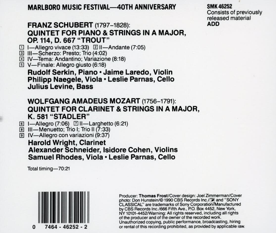 제르킨 - Rudolf Serkin (V.A) - Mozart Quintet Malboro Festival 40Th Anniversary [E.U발매]