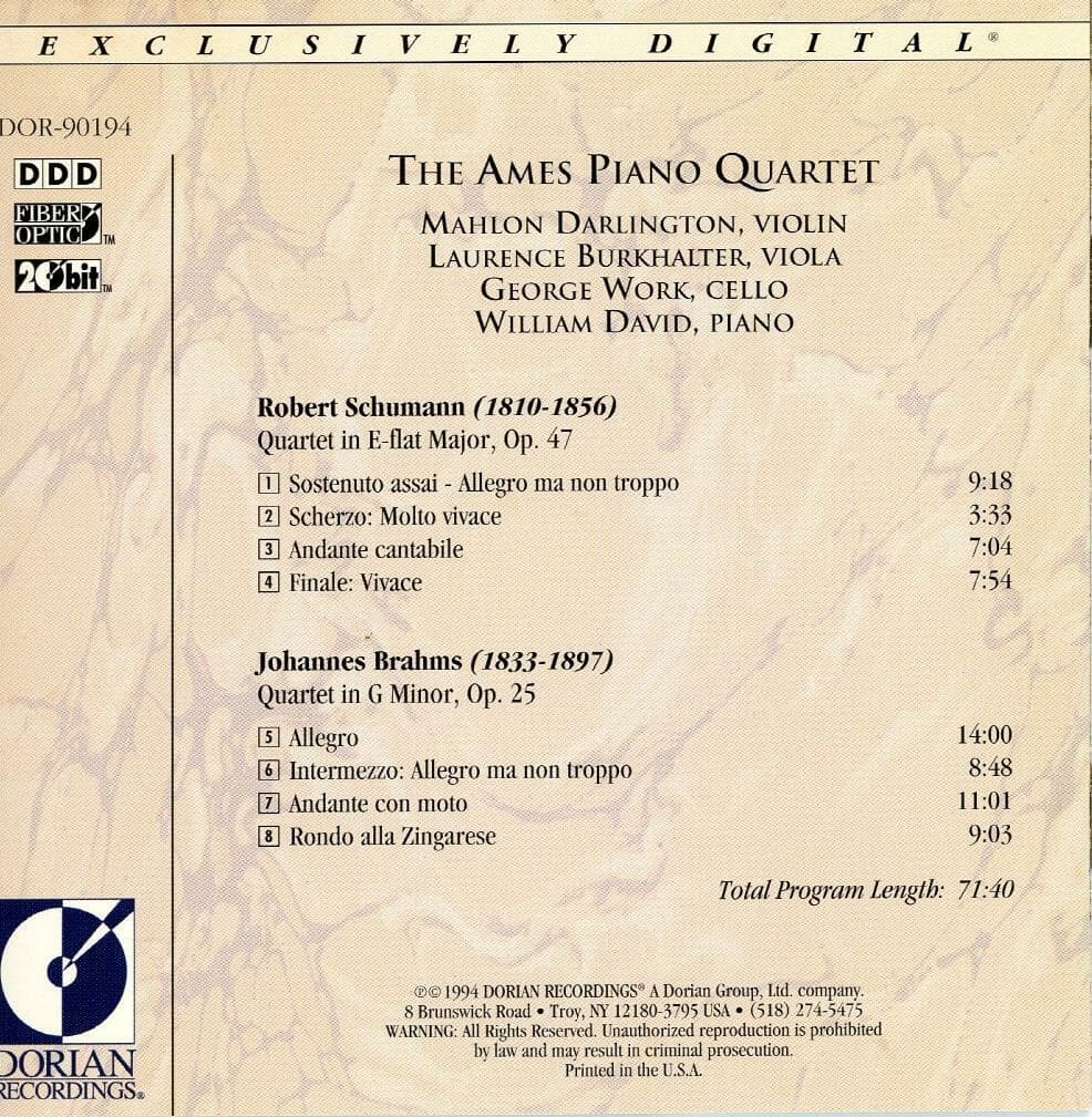 Schumann & Brahms : Piano Quartets - 아메스 피아노 사중주단 Ames Piano Quartet) (US발매)