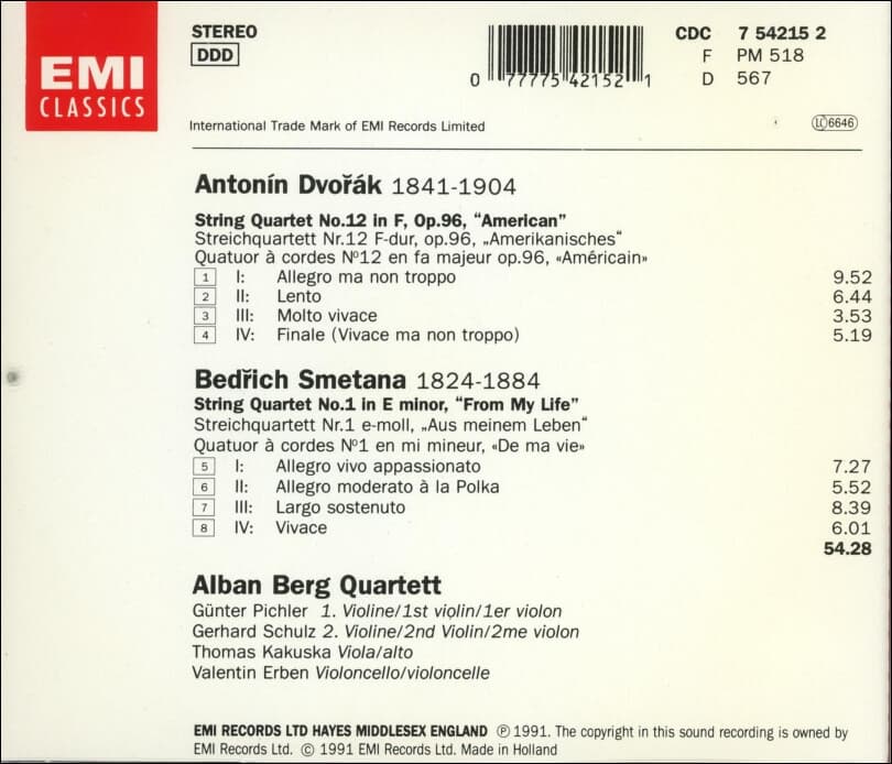 Dvorak : Smetana  Op. 96 "American" - 알반 베르크 사중주단 (Alban Berg Quartett)(Holland발매)