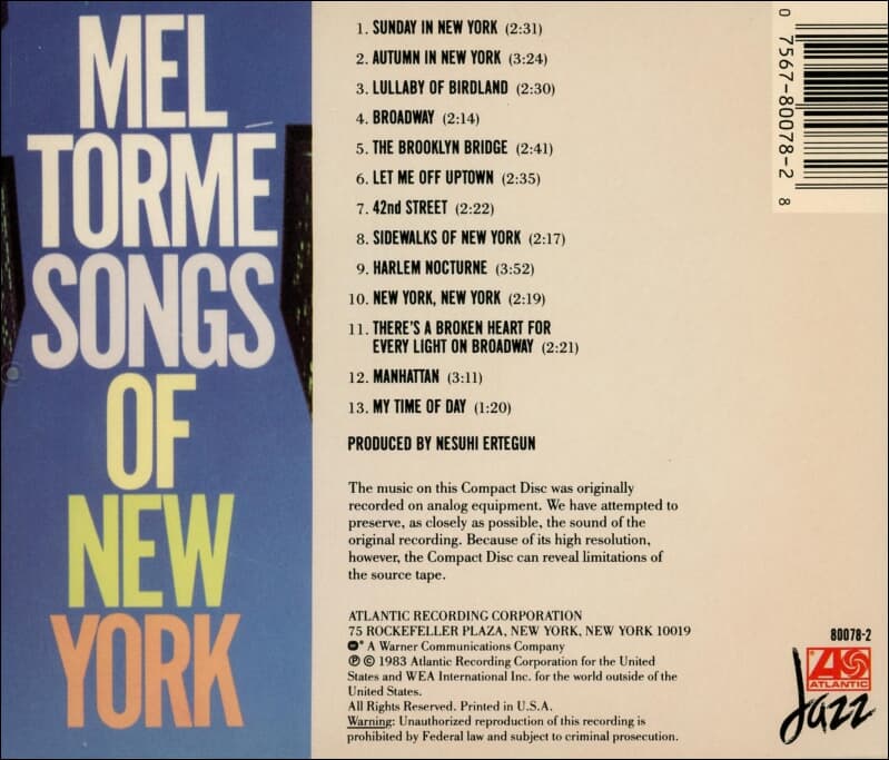Mel Torme (멜 토메) -  Songs Of New York (US발매)