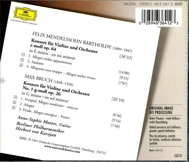 Mendelssohn , Bruch : Violinkonzerte , Violin Concertos - 무터(Anne-Sophie Mutter),카라얀 (Karajan)(EU발매)