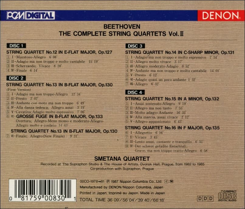 Beethoven : String Quartets Nos Nos.12-16 - 스메타나 사중주단 (Smetana Quartet) (4cd)(일본발매)