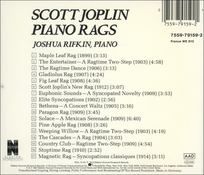 스코트 조플린 (Scott Joplin), 리프킨 (Joshua Rifkin) - Piano Rags By Scott Joplin (독일발매)