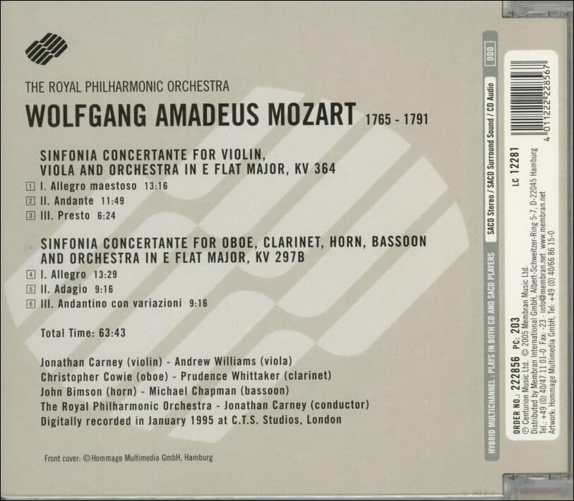 Mozart :Sinfonia Concertante For Violin, Vola And Orchestra In E Flat Major, Kv 364 (SACD)(UK발매) 