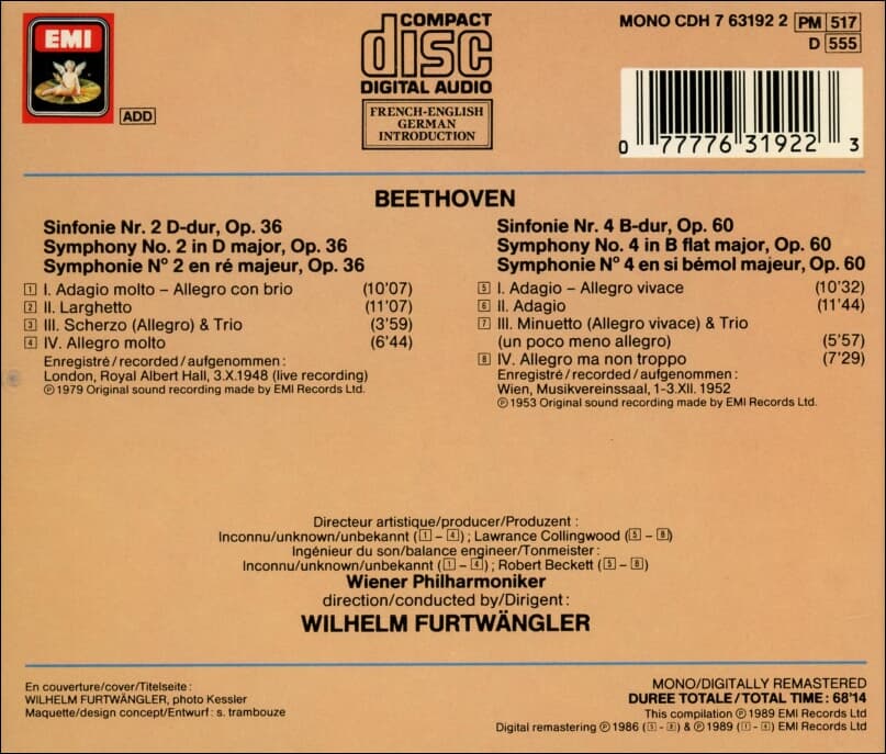 Beethoven : Symphonies No. 2 & 4 -푸르트벵글러 (Wilhelm Furtwangler)(독일발매)