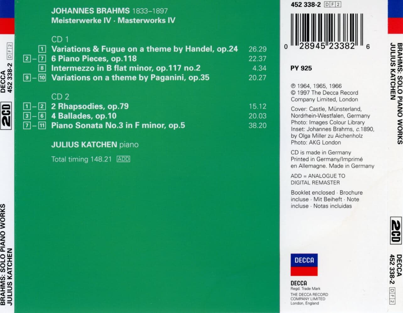 줄리어스 카첸 - Julius Katchen - Brahms Variations Piano SonataOp.5 (브람스 피아노 독주 작품집)2cds [독일발매]
