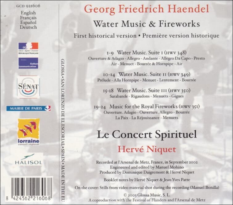 Haendel : Water Music & Fireworks (수상음악 & 왕궁의 불꽃놀이 - 니케 (Herve Niquet) (Austria발매)