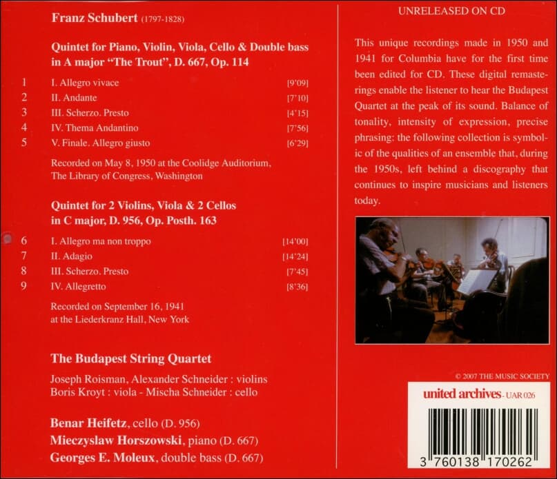 Budapest String Quartet -  슈베르트 : 피아노 5중주 D.667 '숭어' (첫번째디지털 리마스터링 CD)