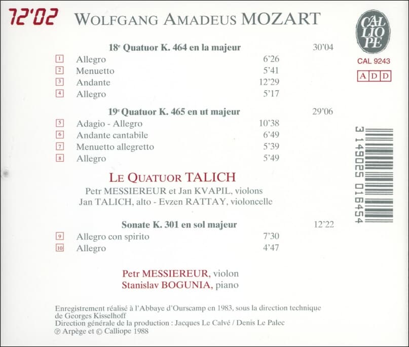 Mozart : QUATUORS N°18 K. 464 & N°19 K. 465 - 탈리히 사중주단 (Le Quartuor Talich)(France발매)