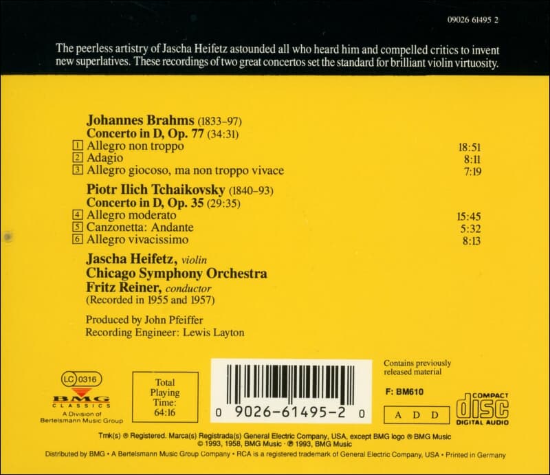 Brahms ,  Tchaikovsky :  Violin Concertos - 하이페츠 (Jascha Heifetz) (독일발매)
