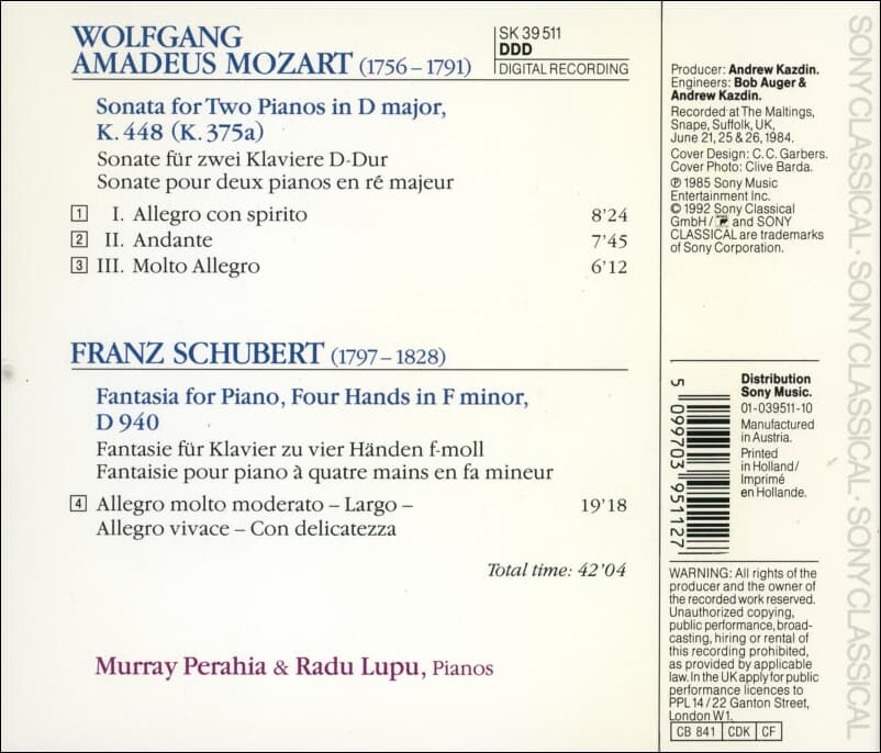 Mozart : Sonata For 2 Pianos In D Major, K. 448 - 페라이어 (Murray Perahia),루푸 (Radu Lupu)(유럽발매)