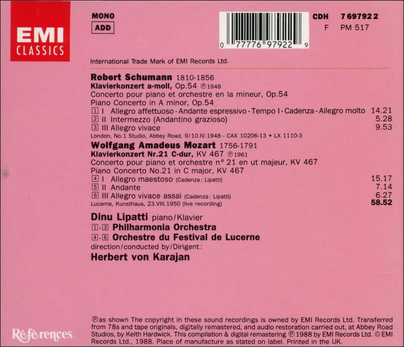 Schumann ,Mozart : Klavierkonzert A-moll / Klavierkonzert N° 21 C-dur -  리파티 (Dinu Lipatti)(UK발매) 