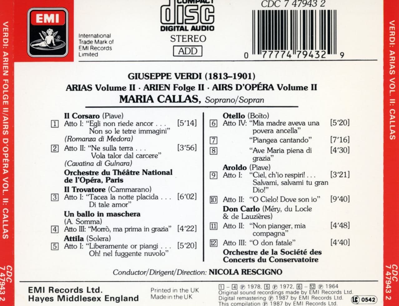 마리아 칼라스 - Maria Callas - Verdi Arias,Arien,Airs D‘Operas II [U.K발매]