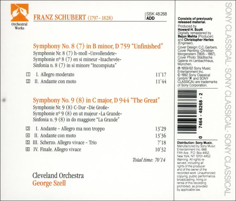 Schubert : Symphonies No. 8 "Unfinished" & No. 9 "The Great" (미완성 9번 "그레이트" -조지 셀 (George Szell)(US발매)
