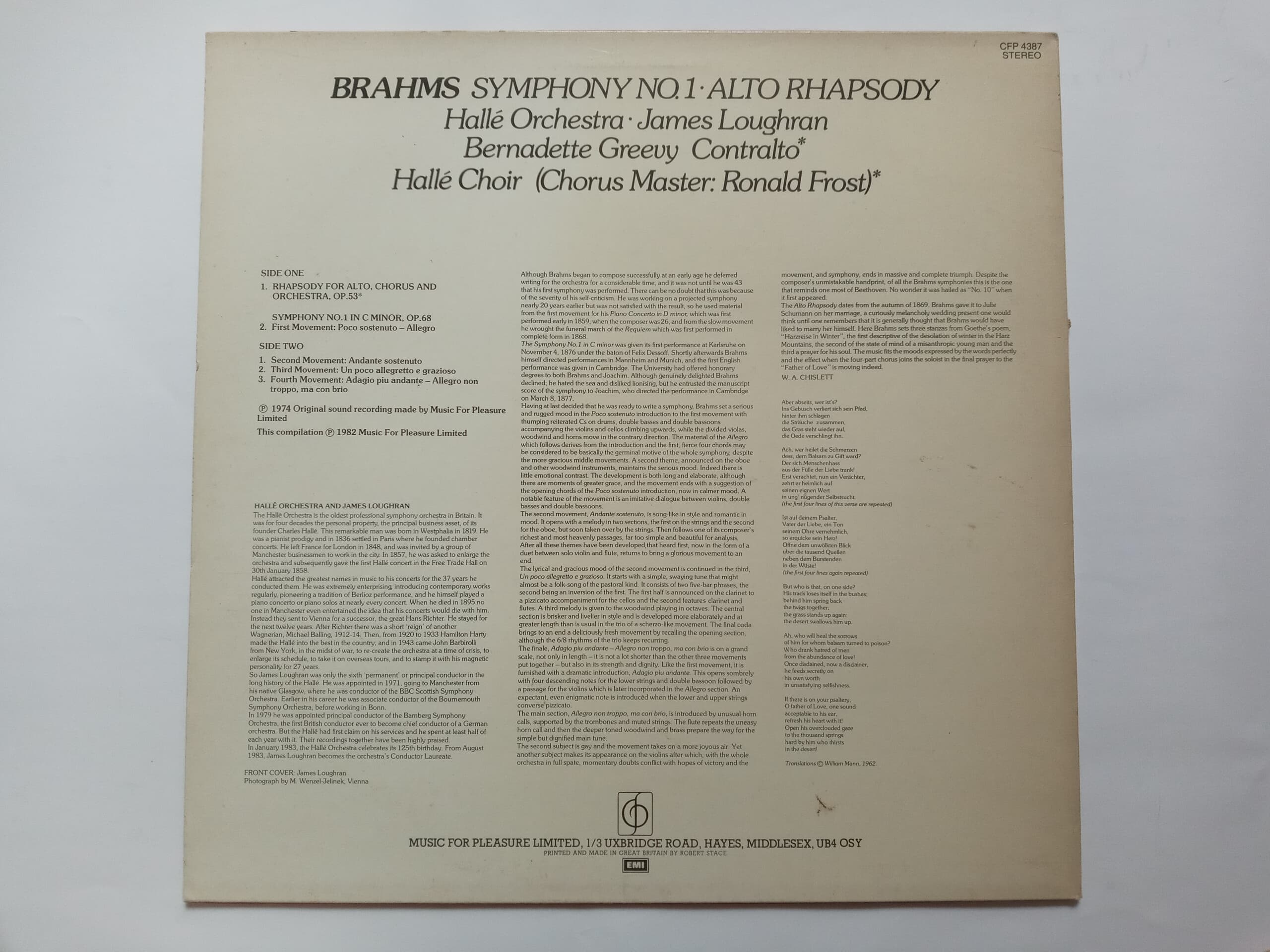 LP(수입) 브람스: 알토 랩소디, 교향곡 1번 - 제임스 로흐런 /할레 오케스트라