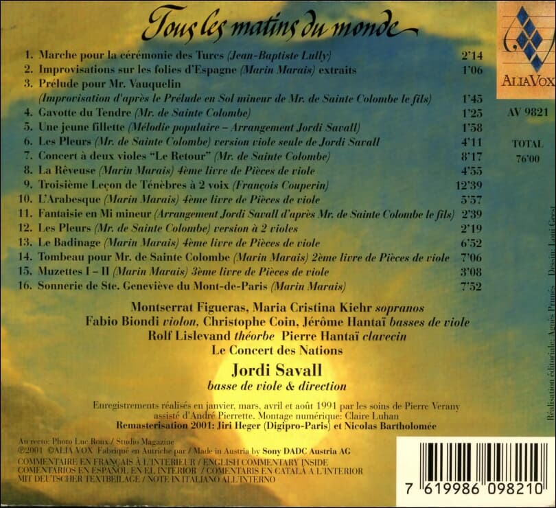 사발 (Jordi Savall) - Tous Les Matins Du Monde (세상의 모든 아침) - O.S.T. (2cd)(EU발매)   