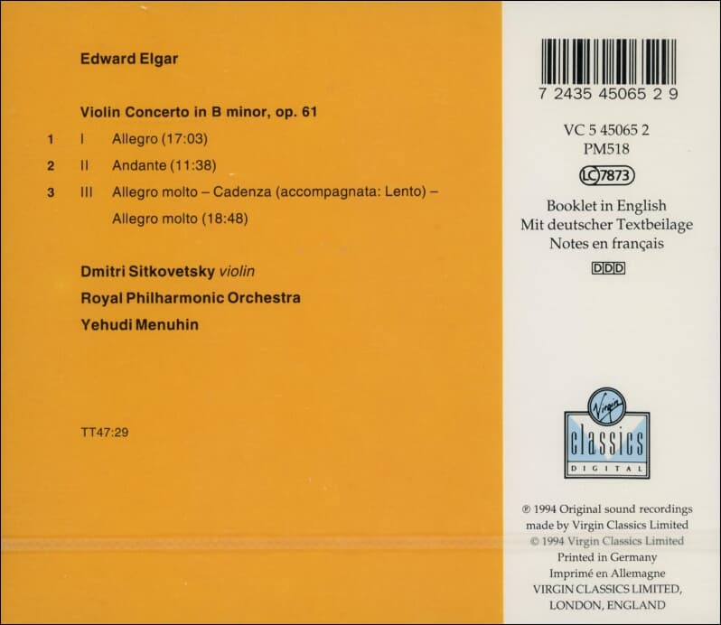 Elgar : Violin Concerto - 시트코베스키 (Dmitri Sitkovetsky) ,메뉴인 (Yehudi Menuhin)(독일발매)(미개봉)