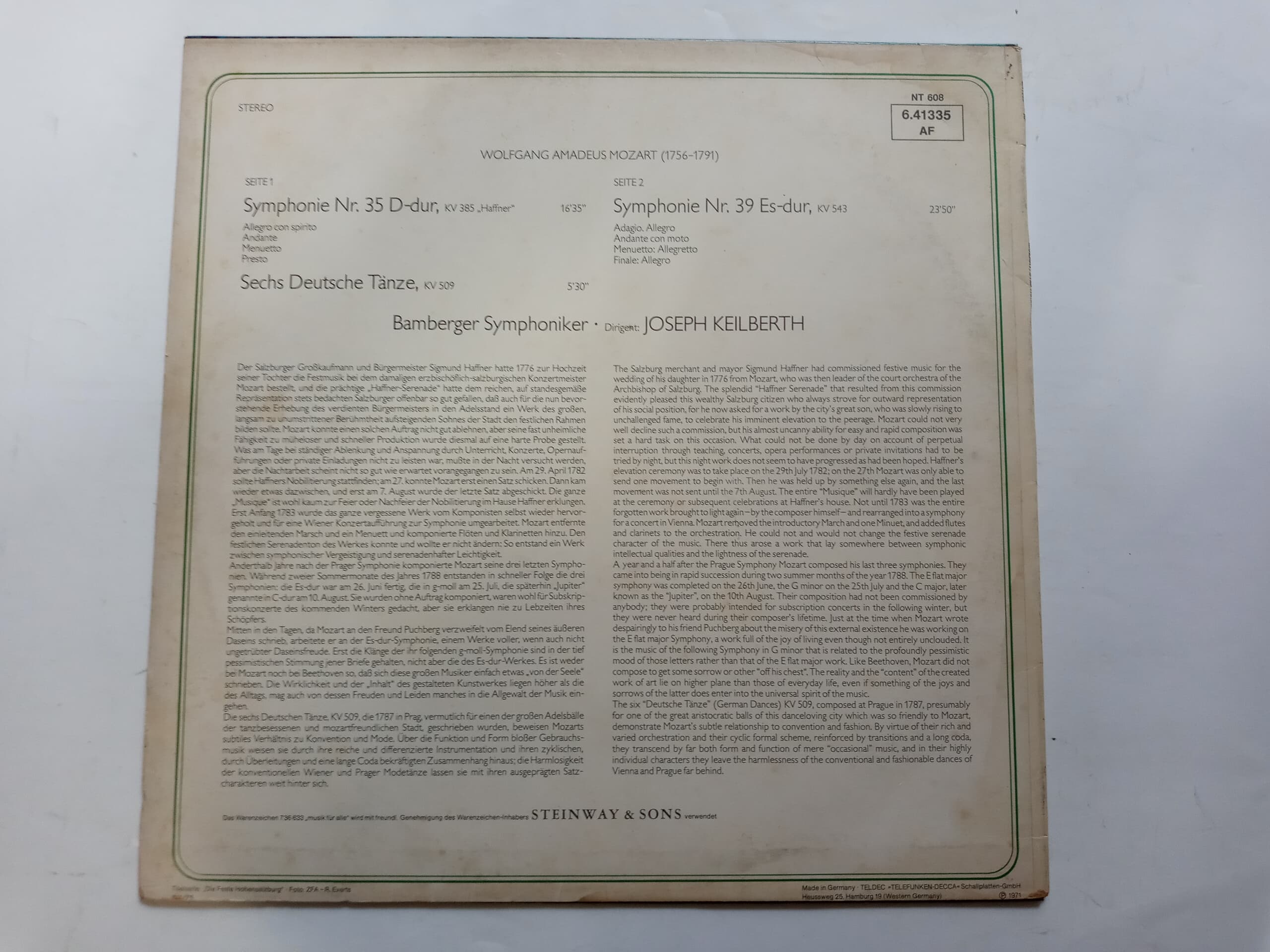 LP(수입) 모차르트: 교향곡 35번 하프너, 39번, 독일무곡 - 요제프 카일베르트/밤베르크 교향악단