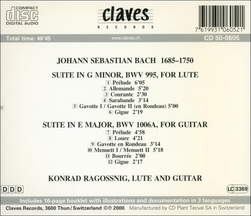 Bach (바흐) : Suite In G Minor, Suite In E Major - Konard Ragossing  (조곡) (스위스 발매)