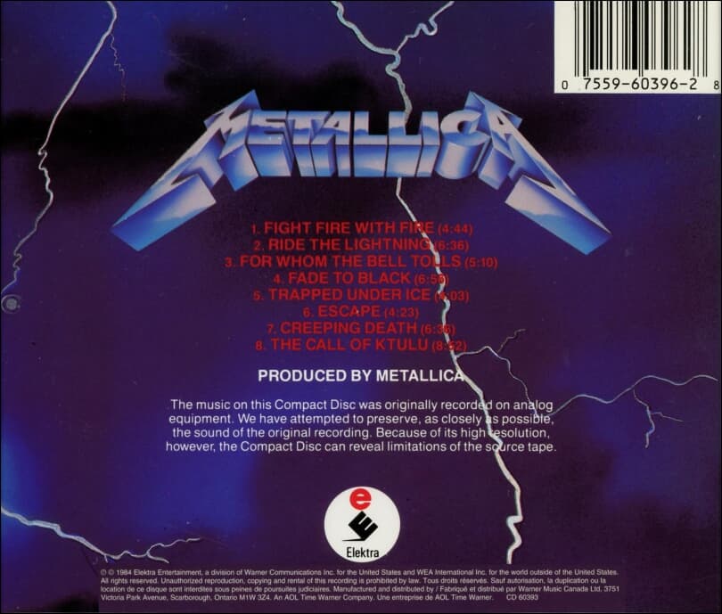 메탈리카 (Metallica) -  Ride The Lightning (Canada발매)