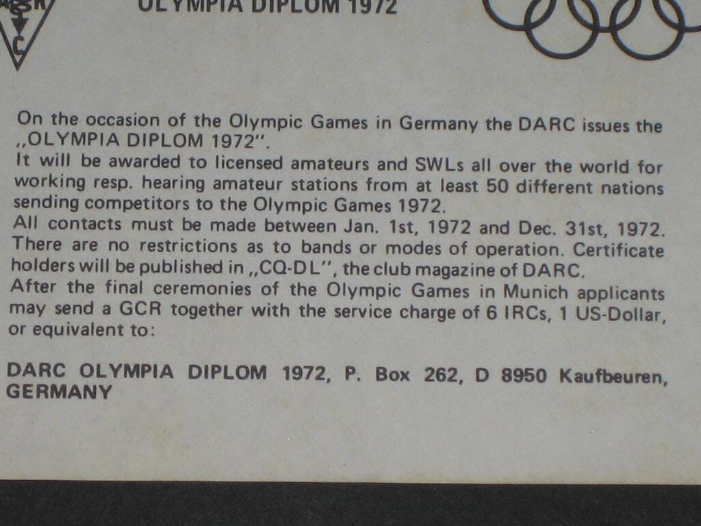 DARC Olympia Diplom 1972  Post Office Box 262  D 8950 Kaufbeauren   Germany 1972년 독일 뮌헨 DARC 올림픽 수료증 올림픽자료