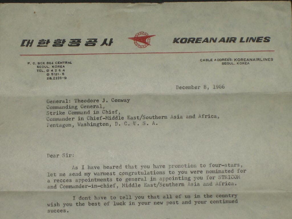 대한항공공사 1966년 자료 수신:Theodore John Conway 4성장군 대한국민항공사 쟈료 항공자료