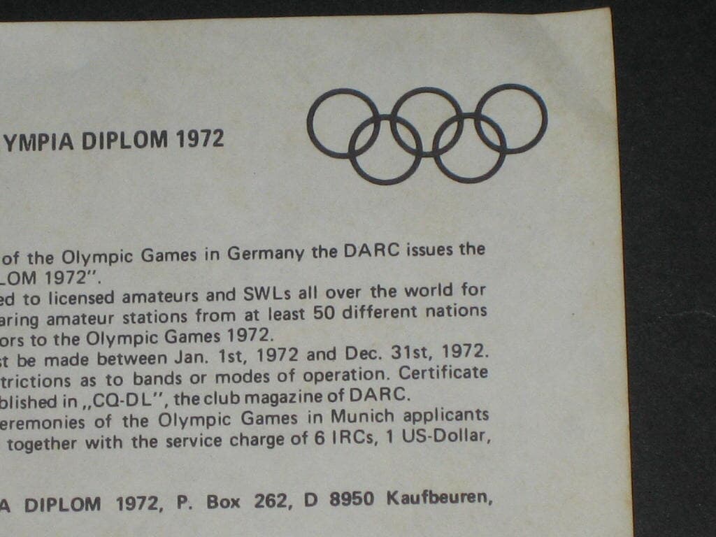 DARC Olympia Diplom 1972  Post Office Box 262  D 8950 Kaufbeauren   Germany 1972년 독일 뮌헨 DARC 올림픽 수료증 올림픽자료