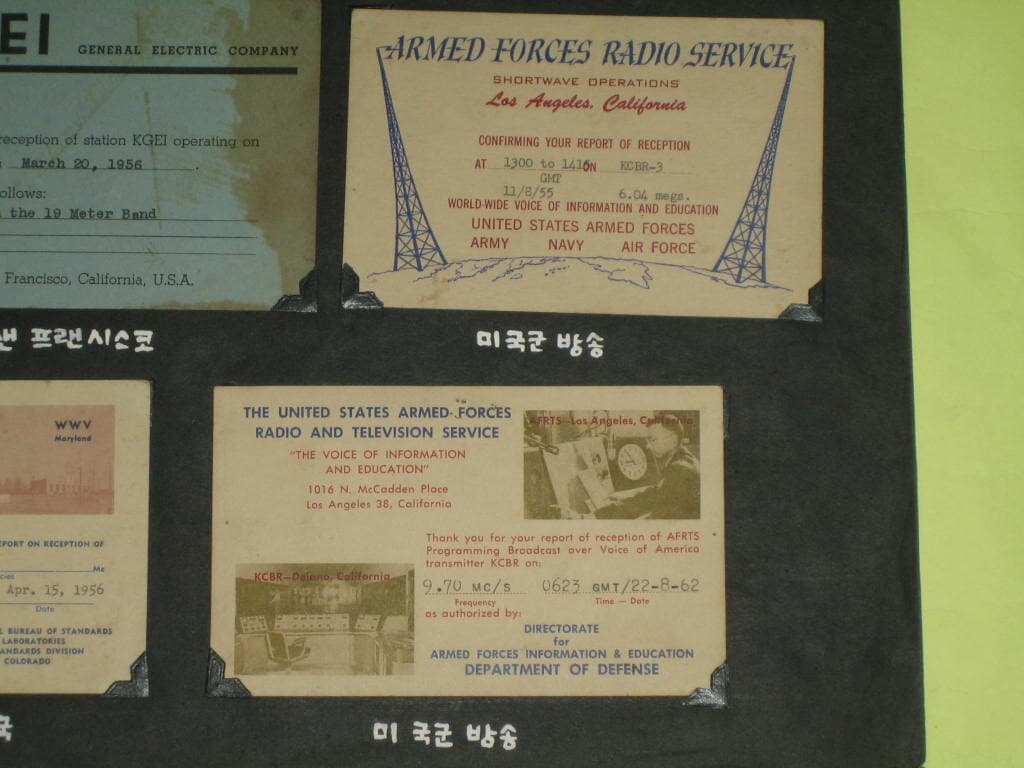 KGEI General Electric / WWV Maryland / ARMEO FORCES RADIO SERVICE 미국군방송 미군방송망 QSL Card 아마추어무선 HLKA KBS 한국방송공사 빈티지엽서 레트로엽서 방송년감