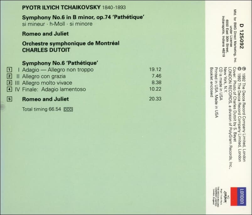 Tchaikovsky : Symphony No.6 'Pathetique' Romeo & Juliet - 뒤투아 (Charles Dutoit) (US발매)