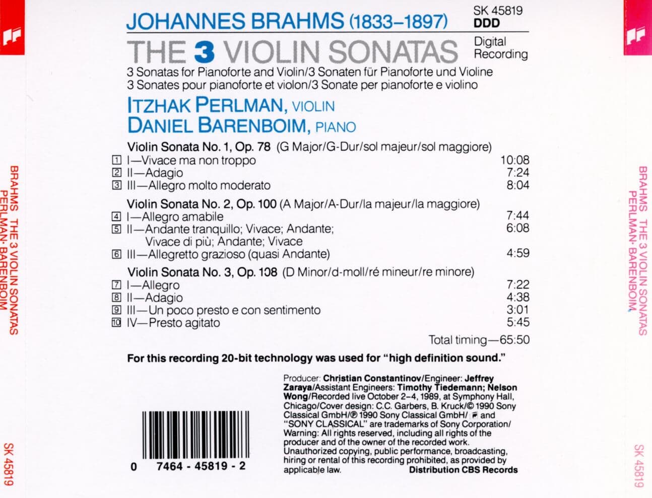 이차크 펄만,다니엘 바렌보임 - Itzhak Perlman,Daniel Barenboim - Brahms The 3 Violin Sonatas [U.S발매]