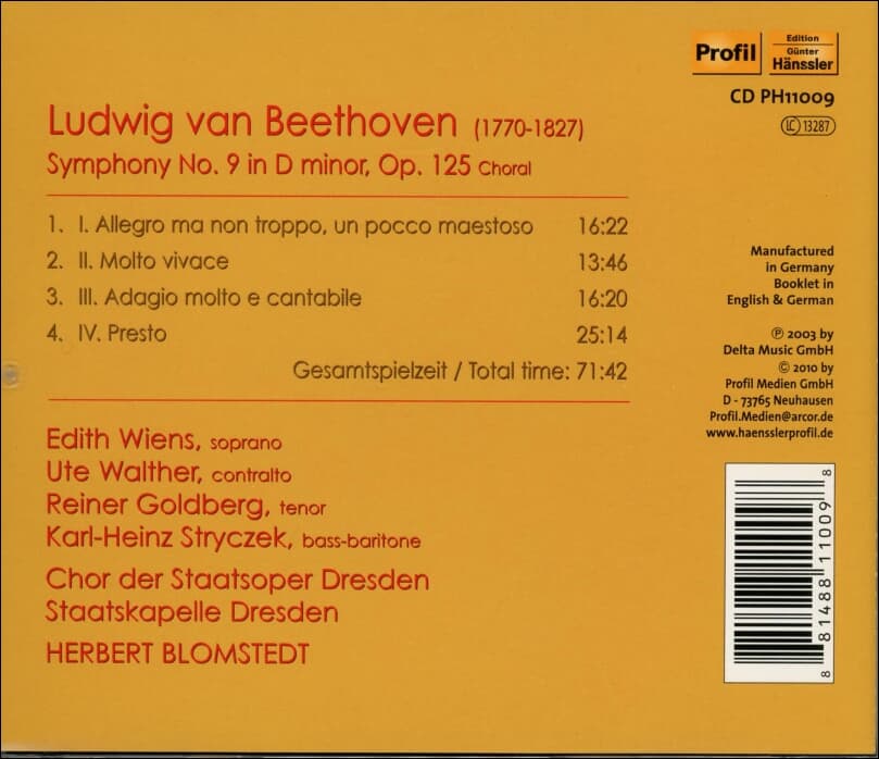 Beethoven : Symphony No. 9 ‘합창 - 빈스(Edith Wiens),발터 (Ute Walter) (독일발매)