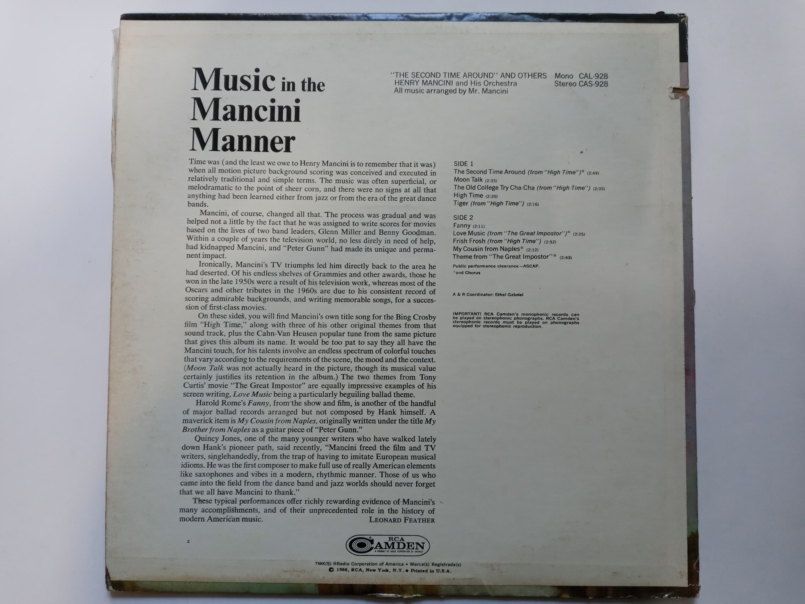 LP(수입) 헨리 맨시니 Henry Mancini : The Second Time Around And Others