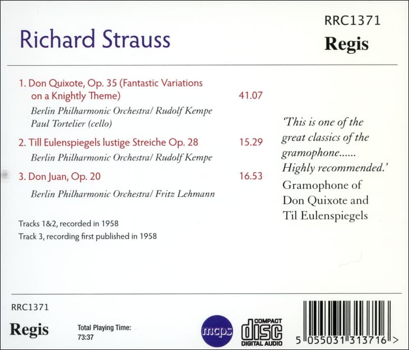 슈트라우스 (Richard Strauss) : Don Quixote (돈키호테) - 토르텔리에 (Paul Tortelier) (EU발매)