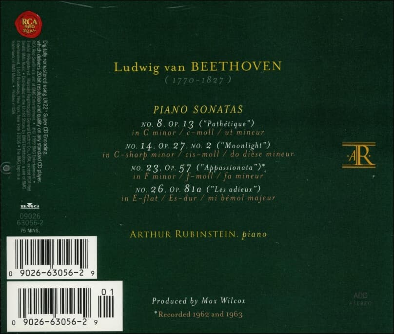 Beethoven : Piano Sonatas ,"Pathetique" ,"Moonlight"- 루빈스타인 (Arthur Rubinstein)(20Bit)(US발매) 