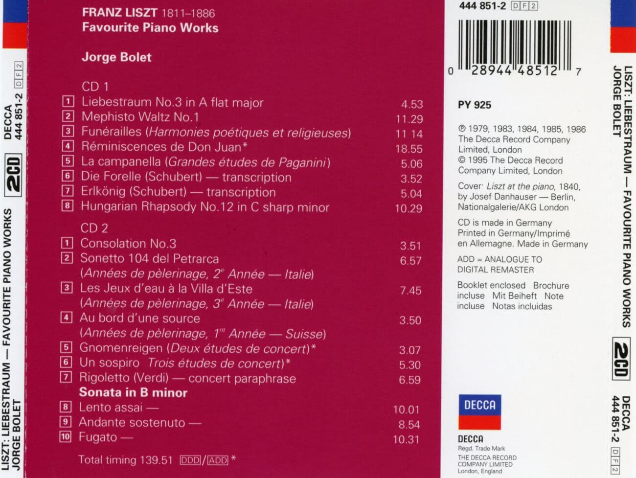 호르헤 볼레트 - Jorge Bolet - Liszt Liebestraum , Favorite Piano Works 2Cds [독일발매]