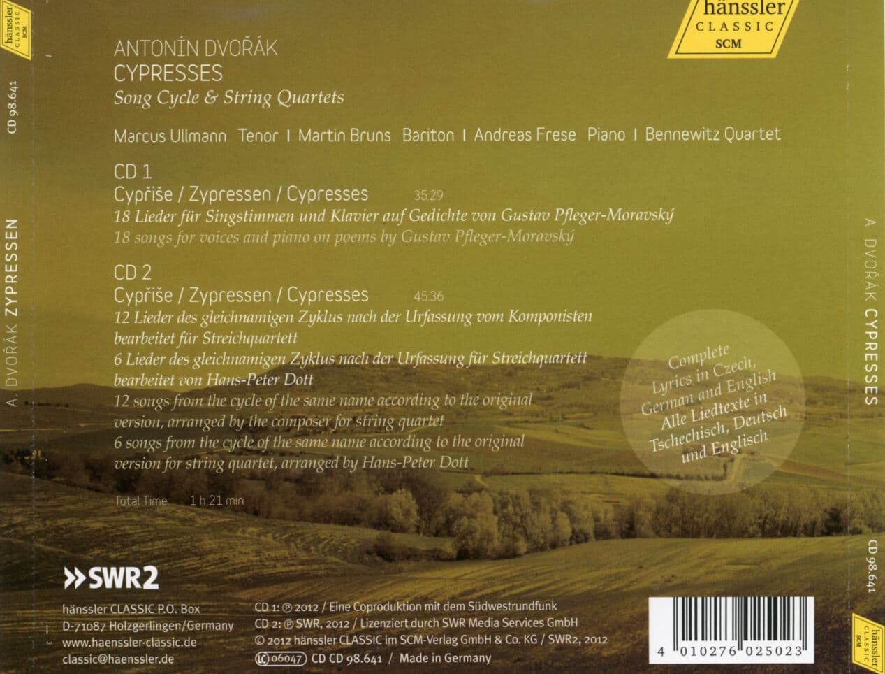 베네비츠 콰르텟 - Bennewitz Quartet - Dvorak Cypresses (Song Cycle & String Quartets) 2Cds [독일발매]