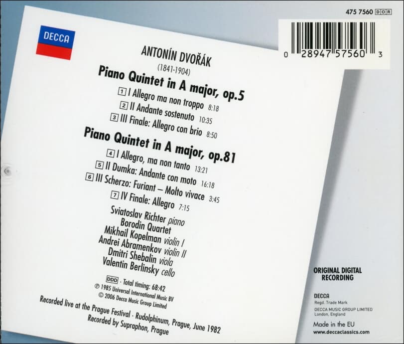 Dvorak :  피아노 오중주 A장조  작품5, 81 - 리히터 (Sviatoslav Richter)(EU발매)