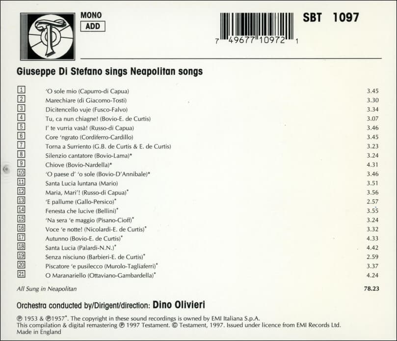 Neapolitan songs (나폴리 민요) - 스테파노 (Giuseppe Di Stefano) (UK발매)