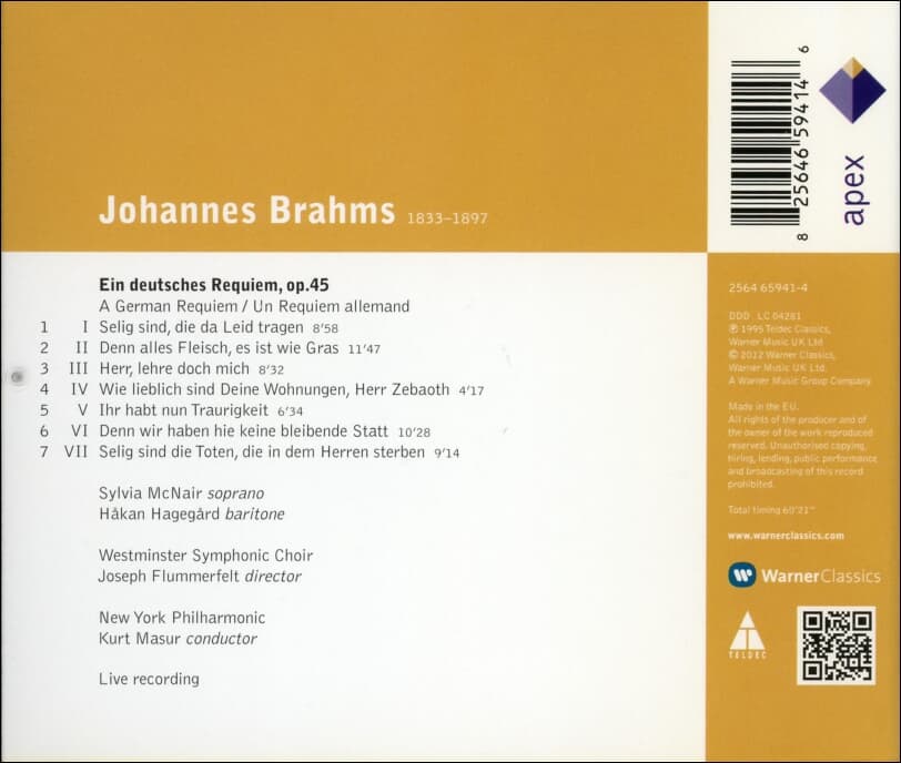 Brahms : Ein Deutsches Requiem, Op. 45 (독일 레퀴엠) - 마주어 (Kurt Masur) (EU발매)