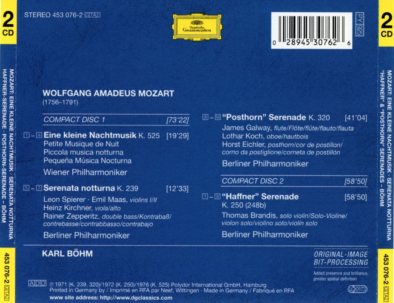 칼 뵘 - Karl Bohm - Mozart Serenata Notturna , Haffner & Posthorn Serenades 2Cds [독일발매]