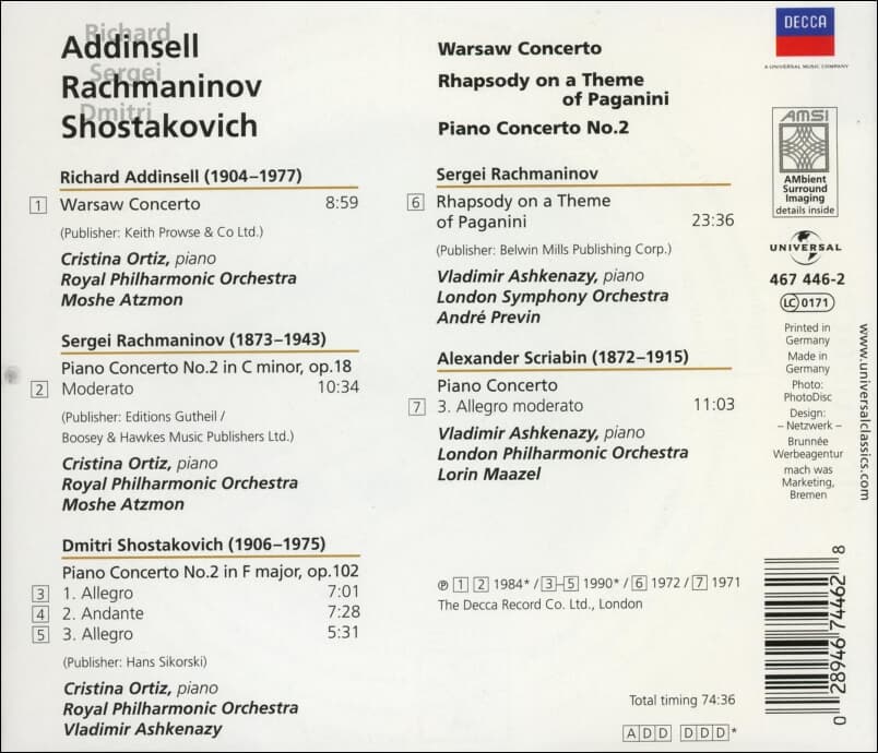 Addinsell (애딘셀) : Shostakovich: Piano Concerto No. 2 (쇼스타코비치 : 피아노 협주곡) -  아쉬케나지 (Vladimir Ashkenazy)(독일발매)